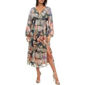 Socialite Mixed Floral Print Midi‎ Dress Medium Dolman Slit Sheer Coktail Guest